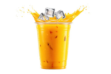 Cold Mango Juice with Ice Cubes Splashing in Clear Plastic Cup on Transparent Background