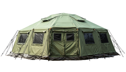 Round, olive-green canvas tent with multiple windows and doors.  Large, dome-shaped