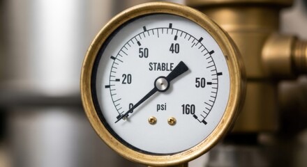 Pressure Gauge: A close-up shot showcasing an industrial pressure gauge with an elegant golden brass frame, conveying precision and control in a technical environment. 