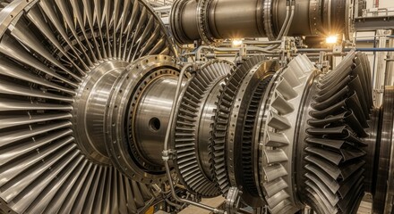 Engineering Marvel: A close-up view showcases the intricate details of a large industrial turbine. Its metallic surfaces gleam, highlighting the precision and power of engineering.