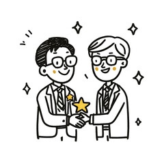 Two Businessmen in Formal Suits Handing Over a Star-Shaped Award in Celebratory Moment
