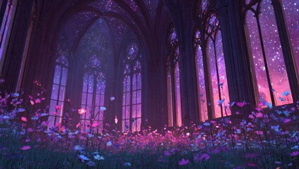 Gothic cathedral interior, starry night, flower meadow