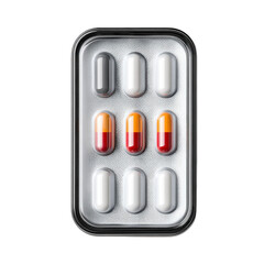 Blister Pack of Assorted Capsules with Red and Orange Pills on Silver Background
