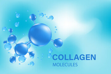 Blue 3D hyaluronic acid molecule icon, liquid collagen serum formula, Cosmetic moisturizer product background with copy space. Aesthetic skincare treatment banner. Beauty science molecular concept