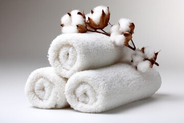 Rolled white towels with cotton plant sprigs