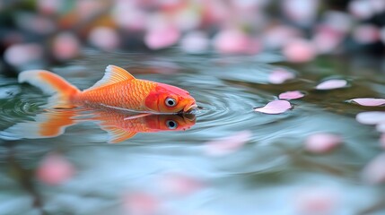 Orange fish in a pond with pink petals