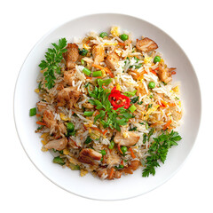 Chicken and vegetable fried rice served on transparent background