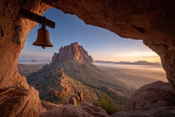 Mountain vista framed by cave opening with bell