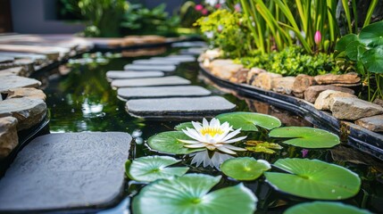 Backyard Landscape with Small Pond and Water Lilies