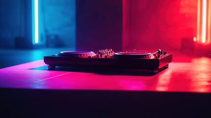 DJ Booth and Turntables Illuminated in Club Lights