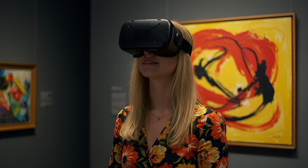 Woman in VR Headset Immersed in Art Exhibition: A Fusion of Technology and Culture