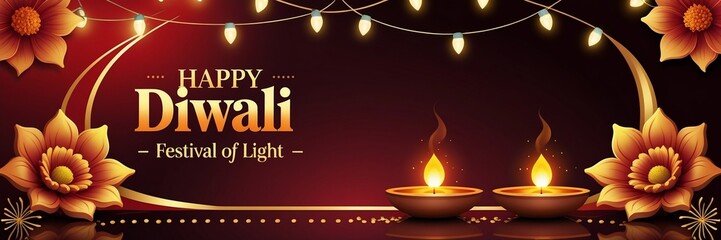 Happy Diwali Festival Greeting with Glowing Diyas, Floral Decor, and String Lights on Maroon Background - AI-Generated