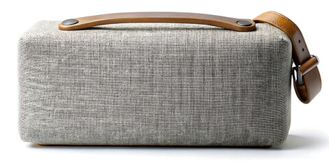 A stylish portable wireless speaker with a textured fabric finish and a leather handle, designed for onthego audio enjoyment