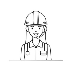 Line Drawing of Professional Support Woman Wearing Hard Hat and Headset at Desk
