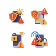 Cybersecurity icons featuring shields warnings locks and viruses on mobile devices