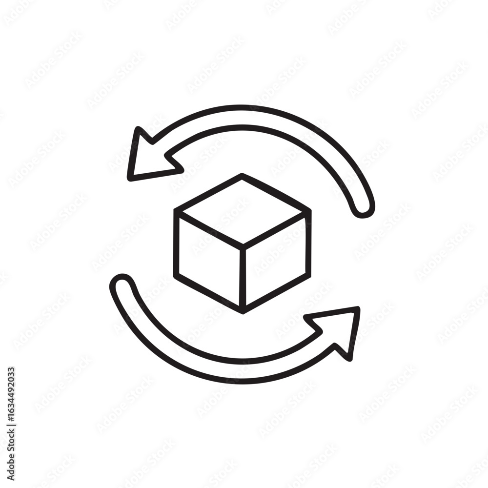 Poster cube with revolving arrows for product rotation concept in black outline