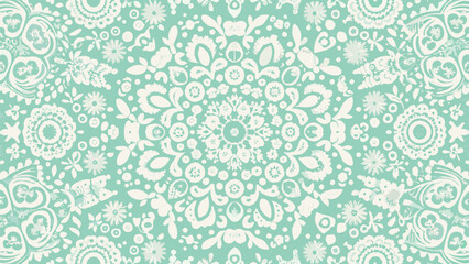 Floral pattern with white flowers and leaves on a light green background in a symmetrical arrangement