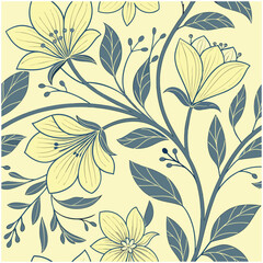 A repeating pattern of stylized, delicate flowers in shades of yellow and pale, greyish-blue.