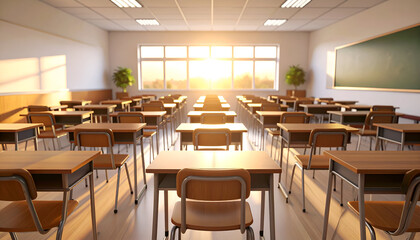 Sunlit Classroom with Empty Desks, and Education.