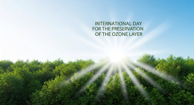 Horizontal banner with low-angle dense green forest tops, blue sky and sun rays right side, "International Day for the Preservation of the Ozone Layer" text, blank left for ads.