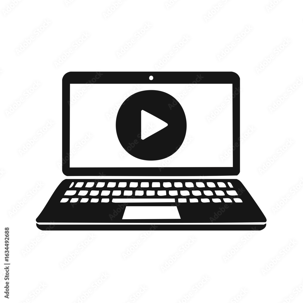 Poster laptop displaying a play button icon ready to start streaming or playing media content