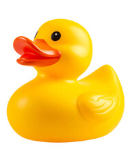 Bright yellow rubber duck with orange beak, a classic bath toy for children, evoking fun and playfulness on transparent background