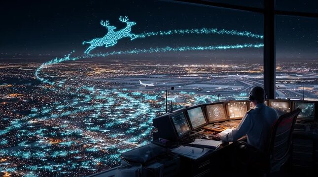 Air traffic controller in a night-time control tower monitors a holographic radar packed with airplane icons during the holiday rush, while a glowing sleigh with a reindeer trail appears among them.
