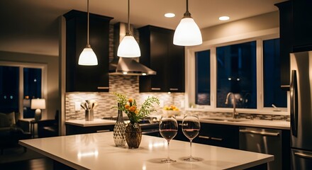 Evening Modern Kitchen with Wine Glasses and Soft Pendant Lighting