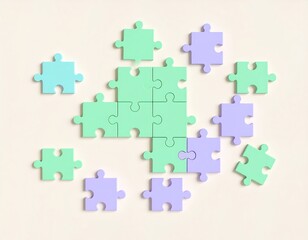 Fototapeta premium Colorful puzzle pieces, some connected, some scattered, on a light background. Represents problem solving, teamwork, unity, and finding solutions.