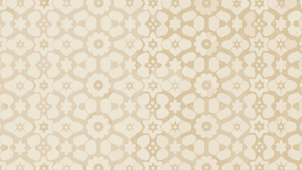 Beige floral pattern with repeating flowers and star shapes in a symmetrical arrangement throughout the image