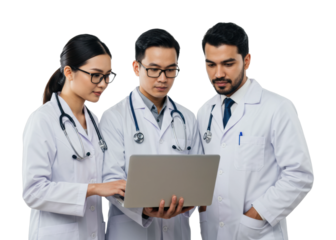 Diverse healthcare team: young female and male asian doctors using laptop. Cut out PNG