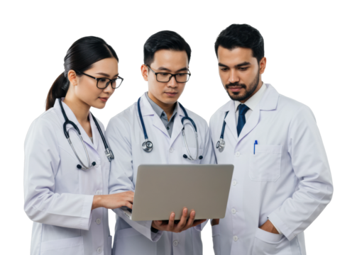 Diverse healthcare team: young female and male asian doctors using laptop. Cut out PNG