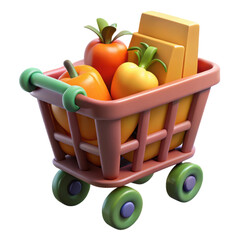 Shopping cart full of fresh vegetables and cheese product grocery store purchase food and nutrition diet 3d