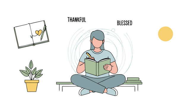 Illustration of Woman Journaling with Positive Affirmations and Serene Home Environment