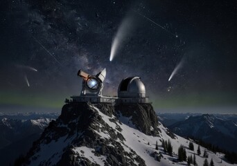 Obraz premium Astronomical observatory on a snowy mountain peak under a starry night sky