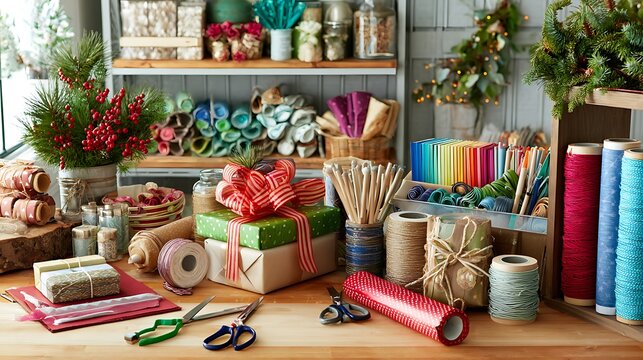 Cozy wrapping station with holiday decorations colorful ribbons bows paper scissors warm inviting mood