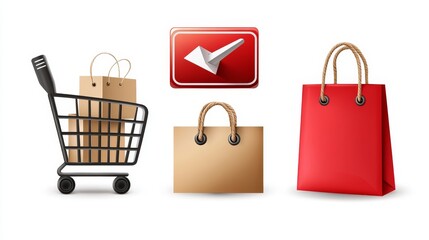 Three realistic shopping icons: a discount sign, a watch, a pointer, a shopping cart, a basket, and a shopping bag.  All are isolated on a white background.
