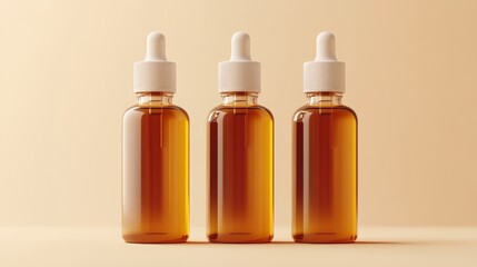 Three realistic plastic e-cigarette bottles with nicotine, shown individually on a light background.  A digital illustration.
