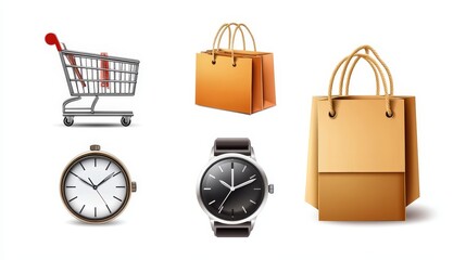 Three realistic shopping icons: a discount sign, a watch, a pointer, a shopping cart, a basket, and a shopping bag.  All are isolated on a white background.
