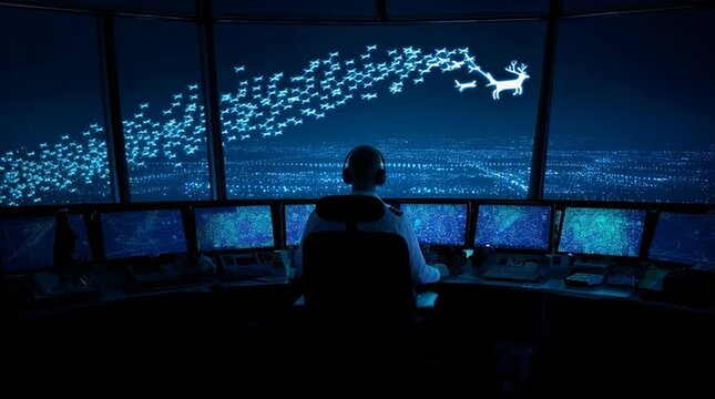 Air traffic controller in a night-time control tower monitors a holographic radar packed with airplane icons during the holiday rush, while a glowing sleigh with a reindeer trail appears among them.
