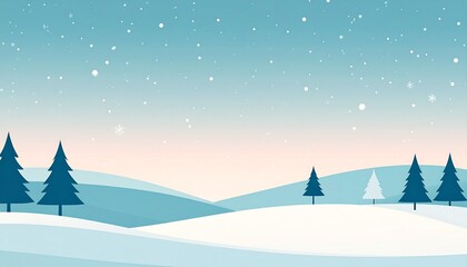 Tranquil winter landscape illustration with a gentle snowfall over rolling hills and scattered pine trees, perfect for a cozy holiday season.