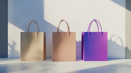 Three shopping bags in beige, purple, and blue.

