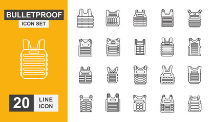 Bulletproof icon set. Safety, uniform, protection, shield, military and more line icon.