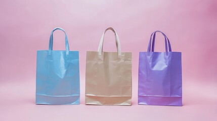 Three shopping bags in beige, purple, and blue.
