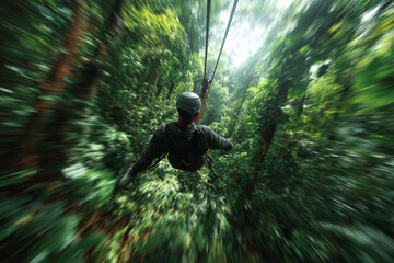 A person zip-lining through a lush jungle canopy, blurred foliage suggesting rapid movement and an immersive adventure.