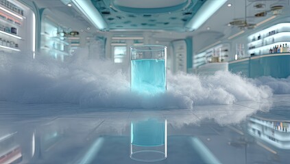 Naklejka premium A teal glass of liquid sits on a tiled floor, surrounded by wisps of icy white fog. Futuristic pharmacy interior