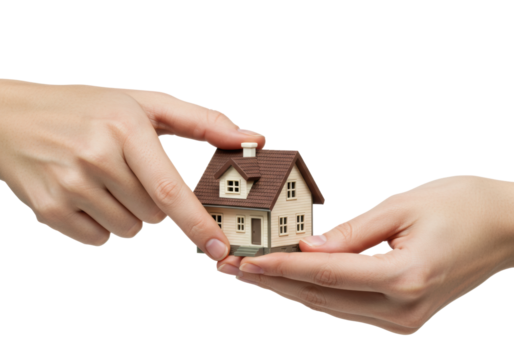 Hands holding small model house symbolizing real estate and homeownership. Cut out PNG