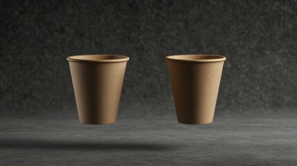 Two coffee cups, shown in a 3D image, are floating.  They're small, single-walled paper cups perfect for espresso.

