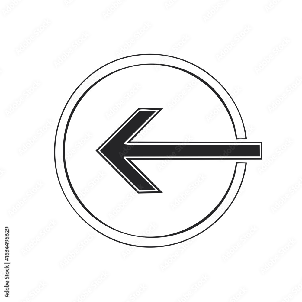 Poster simple graphic of a left pointing arrow inside of a circle frame; black and white graphic element.