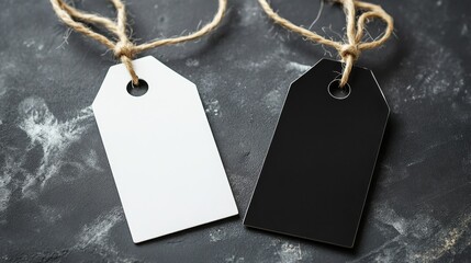 White and black tags with twine, perfect for branding or labeling.  They're easy to use and look realistic.
